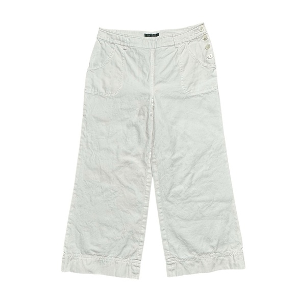Lauren Ralph Lauren Sailor Wide Leg Crop Trouser Pant Sz 8 White Nautical Cotton - Picture 1 of 12